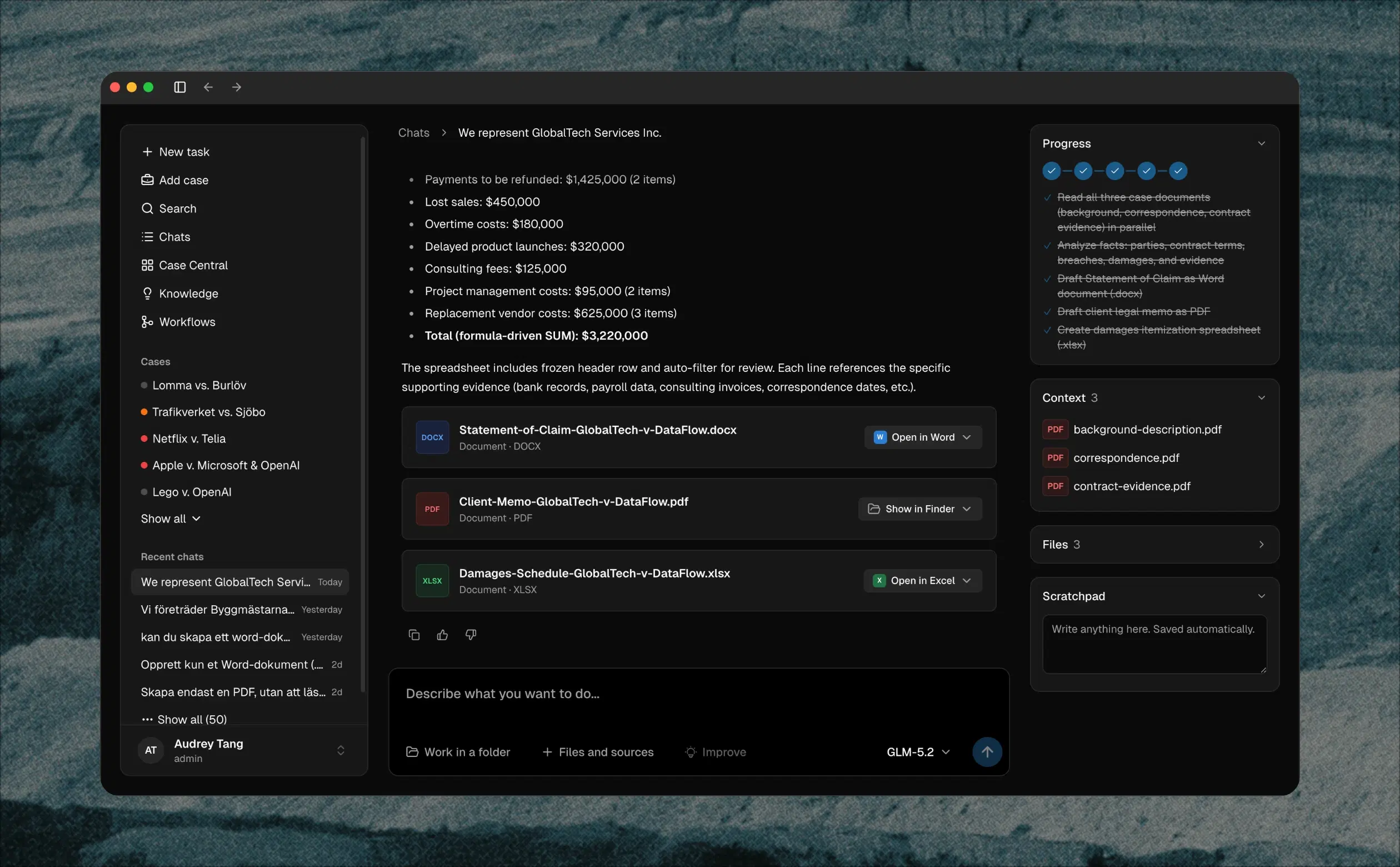 Foytech legal AI platform interface in dark mode